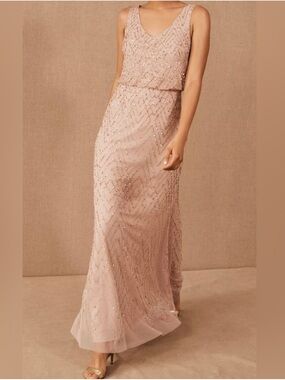 BHLDN Blush Beaded Sequin Maxi Gown Formal Evening Bridesmaid Gala Dress Size 16